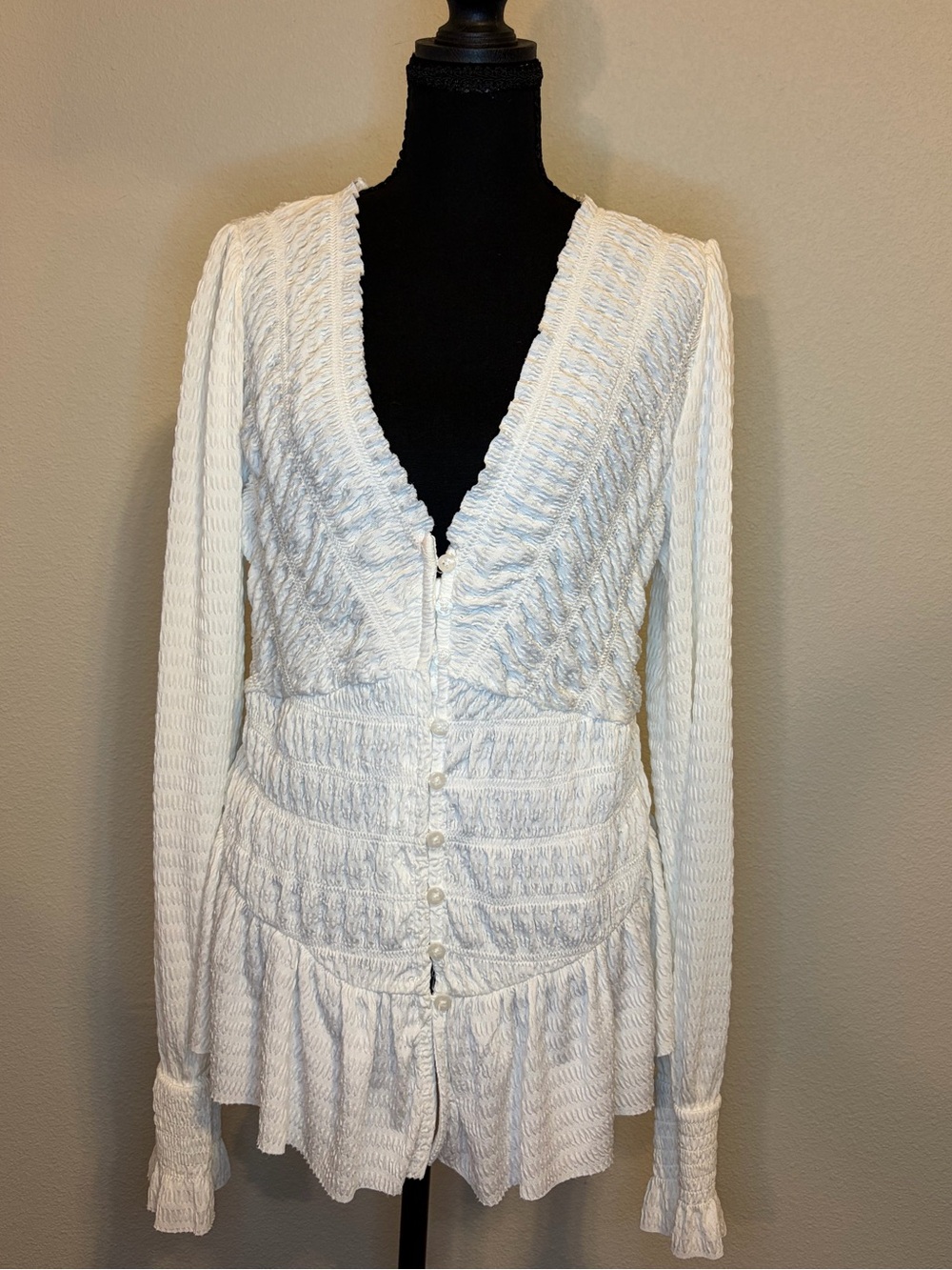 Anthropologie White Smocked Peplum Button Front Blouse L
